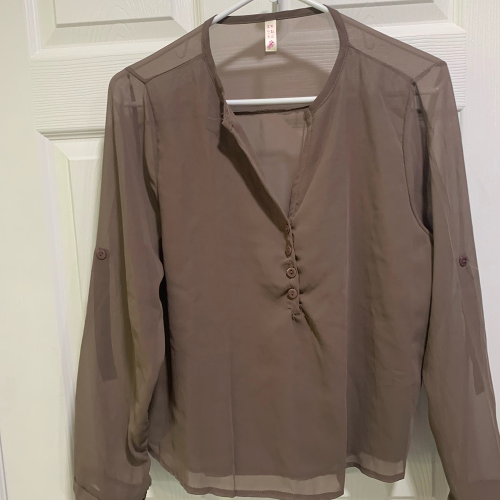 Sheer taupe with button down v neck blouse! Great with or without cami or tee!